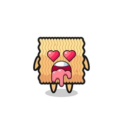 the falling in love expression of a cute raw instant noodle with heart shaped eyes
