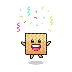 happy raw instant noodle mascot jumping for congratulation with colour confetti