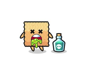 illustration of an raw instant noodle character vomiting due to poisoning