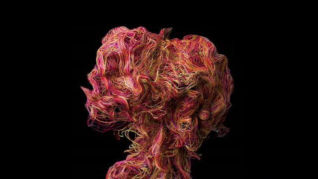 Explosion of colorful Splines. Turbulent flowing wavy fibers, wires. Blast of Abstract vibrant Hair.