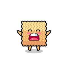 cute raw instant noodle mascot with a yawn expression