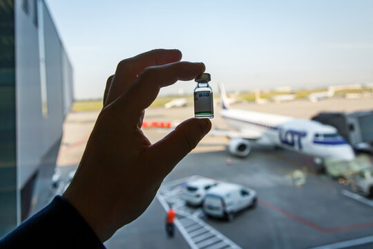 Warsaw, Poland - July 06, 2021. Sinopharm vaccine at the airport. Travel without limits concept.