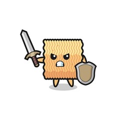 cute raw instant noodle soldier fighting with sword and shield