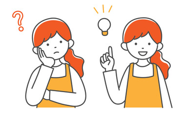 イラスト素材　主婦の表情セット　考える　ひらめく