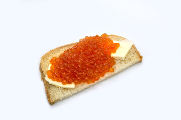 sandwich with red caviar isolated on white background
