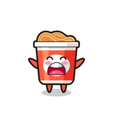 cute instant noodle mascot with a yawn expression