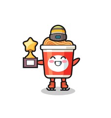 instant noodle cartoon as an ice skating player hold winner trophy