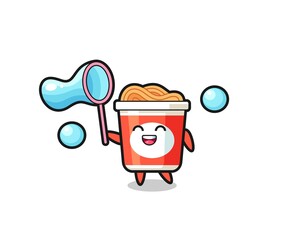 happy instant noodle cartoon playing soap bubble