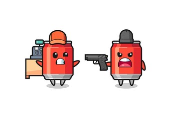 illustration of the cute drink can as a cashier is pointed a gun by a robber
