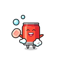 drink can character is bathing while holding soap