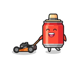 illustration of the drink can character using lawn mower