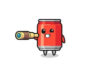 cute drink can character is holding an old telescope