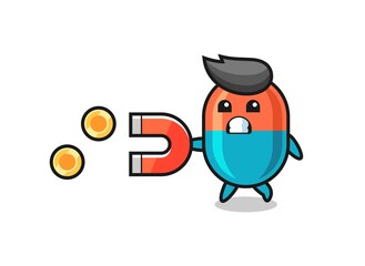 the character of capsule hold a magnet to catch the gold coins