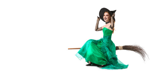 Young witch on white background with space for text