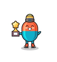 capsule cartoon as an ice skating player hold winner trophy