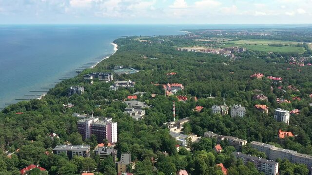 Baltic sea coastline with Svetlogorsk town. Aerial view from drone