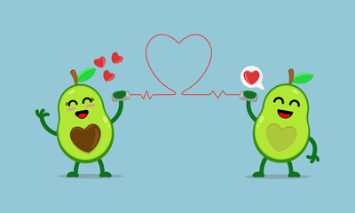 Illustration vector cartoon character of cute avocado says fall in love with each other through the cans phone. Suitable for design of valentine's day and romance