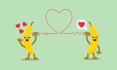 Illustration vector cartoon character of cute banana says fall in love with each other through the cans phone. Suitable for design of valentine's day and romance