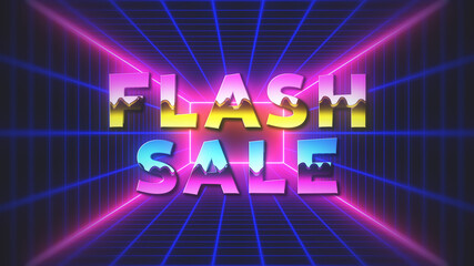 Retro Futuristic Colorful Flash Sale Text Style With 3d Perspective Mesh Rectangle Tunnel And Neon Light Background Design