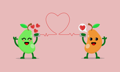 Illustration vector cartoon character of cute mango says fall in love with each other through the cans phone. Suitable for design of valentine's day and romance