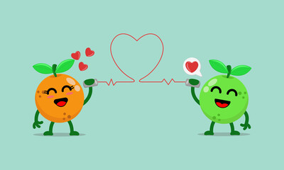 Illustration vector cartoon character of cute orange says fall in love with each other through the cans phone. Suitable for design of valentine's day and romance