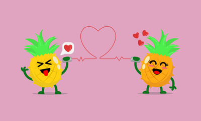 Illustration vector cartoon character of cute pineapple says fall in love with each other through the cans phone. Suitable for design of valentine's day and romance