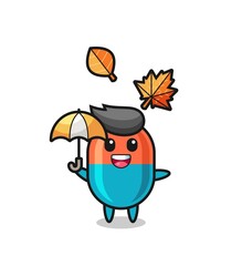 cartoon of the cute capsule holding an umbrella in autumn