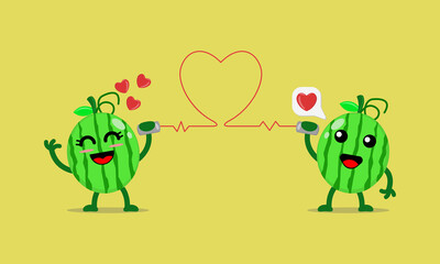 Illustration vector cartoon character of cute watermelon says fall in love with each other through the cans phone. Suitable for design of valentine's day and romance