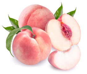 Peach fruit with leaf isolated on white background, Fresh Peach on White Background With clipping path, 