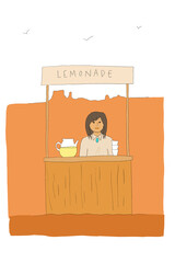 Child selling drinks at lemonade stand - obrazy, fototapety, plakaty