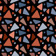 Abstract seamless pattern of blue, gray and red rounded shapes on black background. Texture of stone mosaic. Bright geometric design for textile or paper