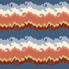 Abstract seamless pattern of waves and swirls. Wavy background of yellow, blue, gray and red colors