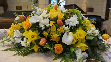 Shot of flowers arrangement used for a funeral service 
