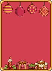 Pixel art christmas background banner 8bit with bells, christmas balls, gift, candles 
