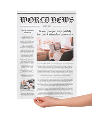 Female hand and newspaper on white background