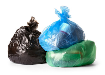 Bags with garbage on white background