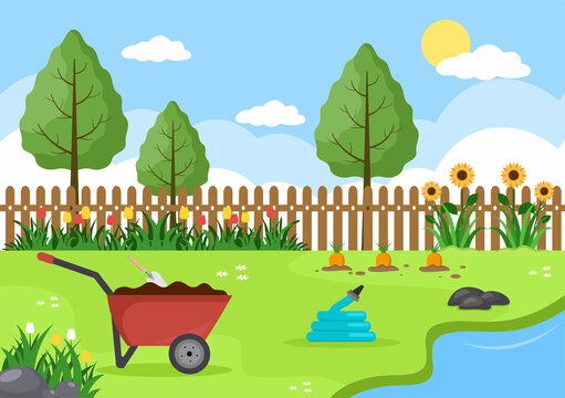 Farm Gardener Background Vector Illustration With A Landscape Of Gardens, Flowers, Vegetables Planted, Wheelbarrow, Shovel And Equipment in Flat Design Style