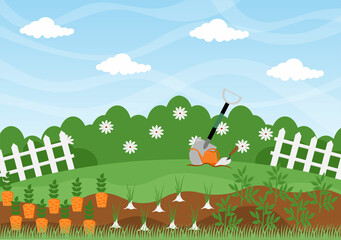 Farm Gardener Background Vector Illustration With A Landscape Of Gardens, Flowers, Vegetables Planted, Wheelbarrow, Shovel And Equipment in Flat Design Style