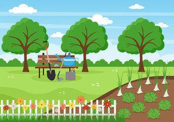 Farm Gardener Background Vector Illustration With A Landscape Of Gardens, Flowers, Vegetables Planted, Wheelbarrow, Shovel And Equipment in Flat Design Style