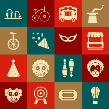 Set Hot Air Balloon, Wild Lion, Fast Street Food Cart, Circus Wagon, Festive Confetti, Unicycle Or One Wheel Bicycle, Roller Coaster And Mask Icon. Vector