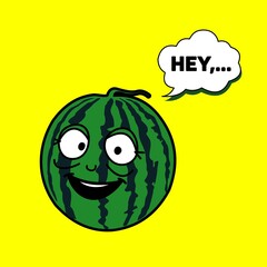 Watermelon cartoon character design with greeting illustration, completed with conversation bubble.