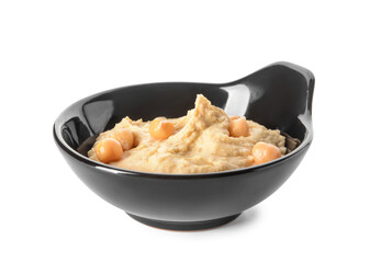 Bowl with tasty hummus on white background