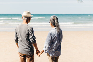 A retired couple strolling and holding hands happily on the beach by the sea in the warm sunshine. view from behind. Plan life insurance and retirement concept.