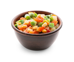 Bowl with mix of frozen vegetables on white background