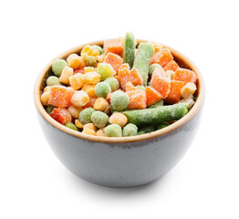 Bowl with mix of frozen vegetables on white background