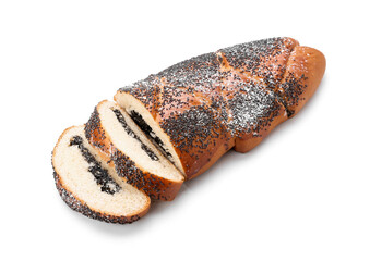 Sliced poppy seed bun on white background