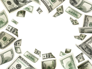 Dollar bill. Washington American cash. Usd money white background. Money falling.