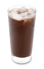 Glass of tasty chocolate milk on white background