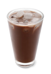 Glass of tasty chocolate milk on white background