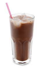 Glass of tasty chocolate milk on white background